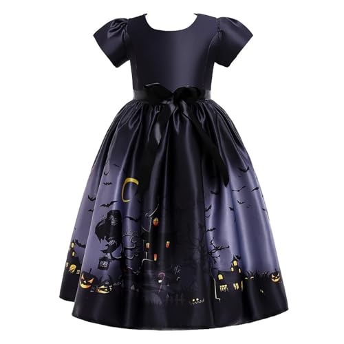 Girls Halloween Vintage Dress Short Sleeve Cosplay Party Fancy Dress Pumpkin Bat Printed Swing Dresses 5-12 Years3
