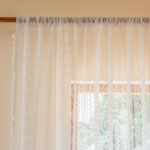 Image of MYSKY HOME White Lace Sheer Curtains 84 Inch Long 2 Panels Vintage Floral Bohemian Crochet Geometry Striped Light Filtering Privacy Rod Pocket Drapes with Tassels for Living Room Bedroom, 55 inch Wide