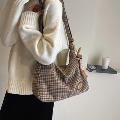 Image of Plaid Purses for Women - Wool Handbag with Pendant, Hobo Shoulder Bag and Tartan Fabric Clutch (Khaki)