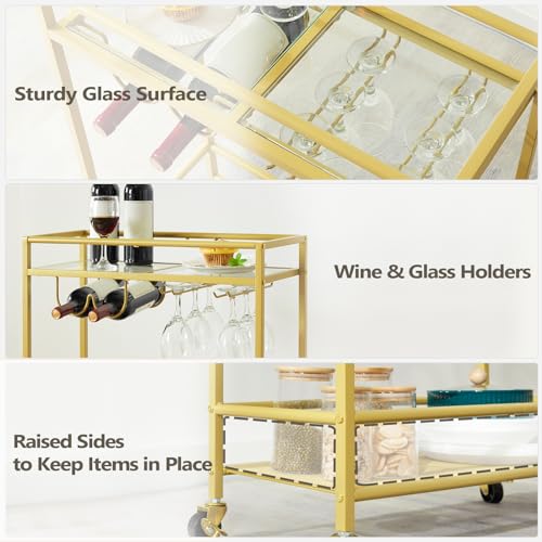MAHANCRIS Gold Bar Cart, Beverage Cart with Wheels, Bar Cart for The Home, 2-Tier Drink Cart with Wine Rack and Glass Holder, Kitchen, Dining Room, Gold RCJ63B01Z