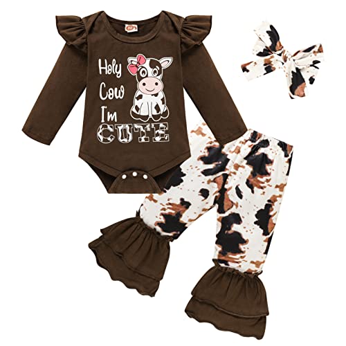 GRNSHTS Newborn Girl Clothes Baby Cow Letter Print Romper+Long Pants+Headband 3PCS Cute Summer Fall Outfits