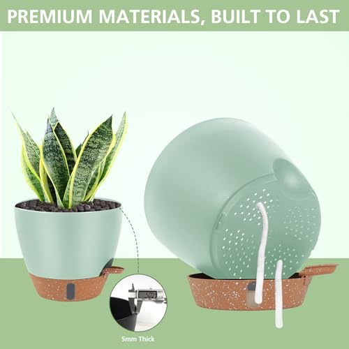 ZDZDFF Self Watering Pots with Water Level Indicator, 12" 10" 9" 8" Large Plastic Flower Pots with Mesh Drainage Hole and Removable Saucer Reservoir for Indoor Outdoor Plants (Green) — view 2