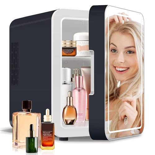 Image of NISHCON Upgrade Skincare Fridge with Dimmable LED Light Mirror, 4L/6Can Cooler Warmer Mini Fridge for Skin care Cosmetic Makeup Beauty, Portable Mini Skincare Fridge for Bedroom Dorm Office Rv, Grey