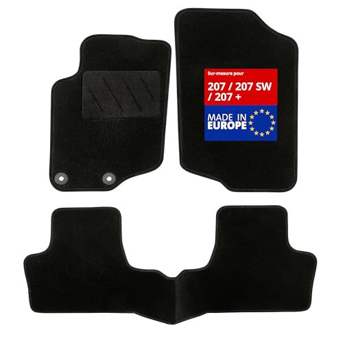 DBS - Tapis de Sol Voiture - sur Mesure - Adapté à Votre Peugeot 207/207 SW / 207 + (04/2006-06/2014) Antidérapant : Clips de Fixation et Autogrip - 3 pièces : Protection du Pont arrière - Moquette