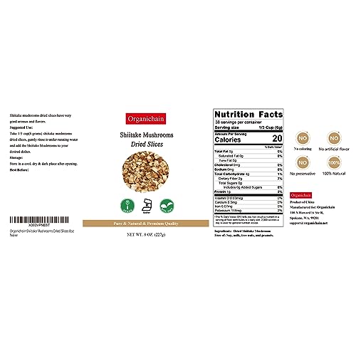 Organichain Shiitake Mushrooms, 8oz Dried Mushrooms, Pre Cut, Rehydrate Quickly, No impurities, Kosher Vegan Non-GMO, BRC, ISO 9001, ISO 14001, ISO 22000 and HACCP.