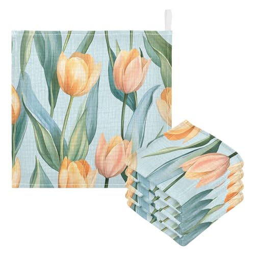 Qilmy Tulips Baby Washcloths 5 Pack, Absorbent Soft Cotton Newborn Muslin Washcloths Face Towels, 12 x 12 Inch