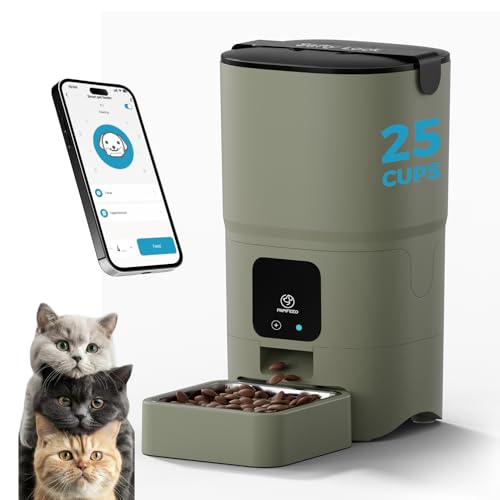 PAPIFEED Automatic Cat Feeder Upgrade, Smart Cat Feeder 6L - APP/Alexa Control, Dual Power Supply, Anti-chewing Cord, Stainless Steel Bowl, Anti-chewing Design for Cats and Small/Medium Dogs (Greener)