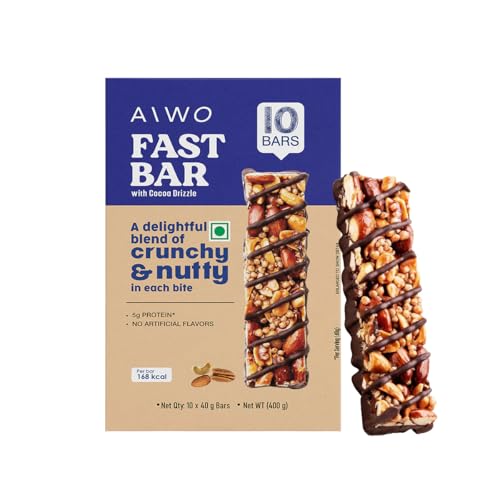 Image of AIWO Fast Bar Nut Energy Bars - 5g Protein | Almonds, Cashews & Pecans with Cocoa Drizzle | Gluten-Free, Vegetarian | Healthy Snack Bars (Pack of 10, 40g Each)