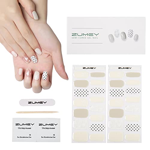 ZUMEY Semi Cured Gel Nail Strips – Gel Nail Polish Stick On Nails Kit – Glossy & Long Lasting Nail Stickers for Nail Art for Women, 30pcs Extra Long Stickers, UV Lamp Required (Iced milktea)