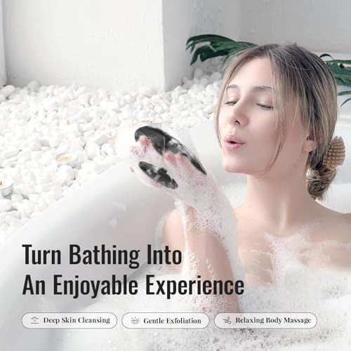 Image of VWMYQ Ultimate Silicone Body Scrubber - Exfoliating Bath Brush for Glowing Skin with Lather-Boosting Bristles & Ergonomic Grip - For Men & Women (Body Scrubber Black, Round)