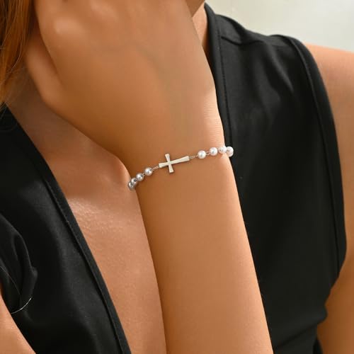 Gold Bracelets for Women 18K Gold Plated Sideways Cross Bracelet Dainty Gold and Pearl Beaded Bracelets Non Tarnish Religious Gold Jewelry Gifts2
