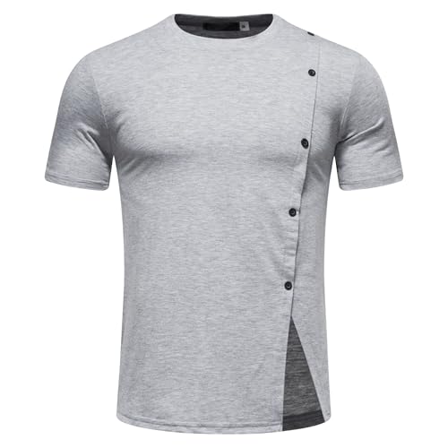 Men Split Hem Irregular Short Sleeve Shirt Crew Neck Button Decorate T Shirts Summer Trendy Fashion Simple Pullover (Light Grey,Large)