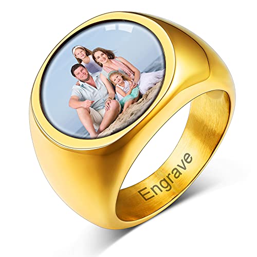 Custom4U Personalized Rings with Pictures Inside Custom Photo Ring Name Engraving Stainless Steel Signet Ring/Heart Ring Size 7-14 Customized Memorial Jewelry for Men Women (Gift Box) G-Roun