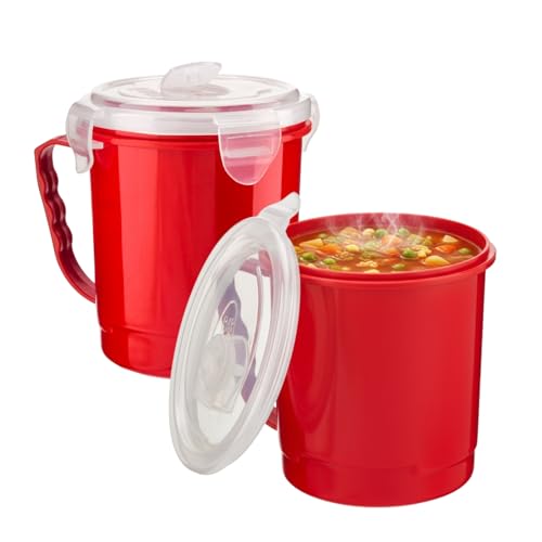 HOMESHOPA Microwave Soup Mugs 650ml, Red Soup Bowl, Food Container with Steam Vent Lids, Mugs for Reheating & Serving, Ideal for Prep Ramen, Noodle, Porridge, Uses in House, Office & Picnic