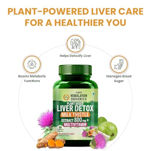 Vlado's Himalayan Organics Plant Based Liver Detox Supplement With Milk Thistle- 800mg (70:1) Extract I Natural Liver Detox Supplement I Fatty Liver Care I Added Multivitamins & Amino Acid I Turmeric, Beetroot, Dandelion | Complete Liver Cleansing & Detox Natural Body Detox - Detoxification Formula | For Men & Women - 60 Veg Capsules