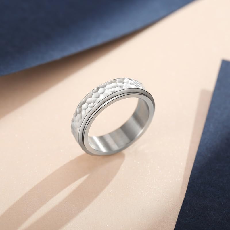 Miniatura 4 de Anillos para ansiedad para mujeres y niñas, acero inoxidable, plateado, dorado, negro, alivio de la ansiedad, anillo giratorio con acabado martillado