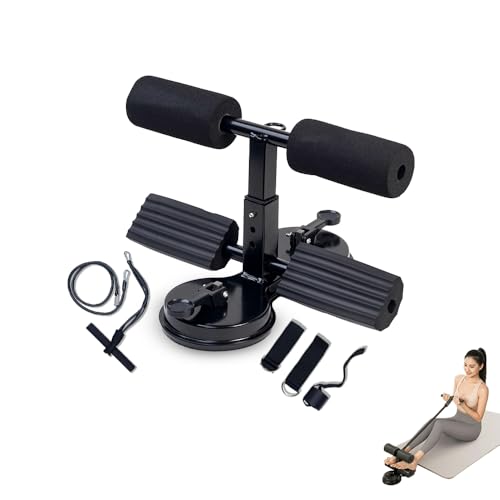 PulseITVault Sit Up Bar Double Suction Cup & Safety Lock. Adjustable Height Core Trainer, Tummy Trimmer & Workout Equipment for Home. Resistance Tube, 2 Ankle Straps & Door Attachment (Black)