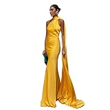 Vestido largo de satén para mujer, con un hombro descubierto, bufanda larga, vestido de noche sin espalda para baile de graduación y eventos formales, Amarillo, XL