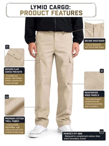 Image of Lymio Men Cargo | Cotton Cargo Pants for Men | Regular Fit High Rise Solid Pants (117-120)
