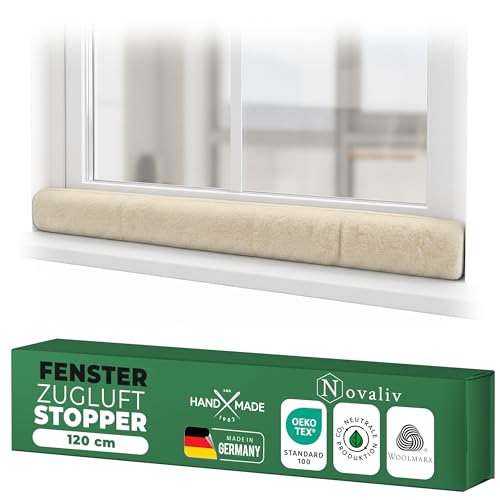 Zugluftstopper für Fenster 120cm Natur Schurwolle stoppt Zugluft & Kälte dämpft Lärm/Staub/Licht rutscharm ohne Bohren; für Fensterbank/Rahmen Spalt abdichten Innenbereich Einzelstück