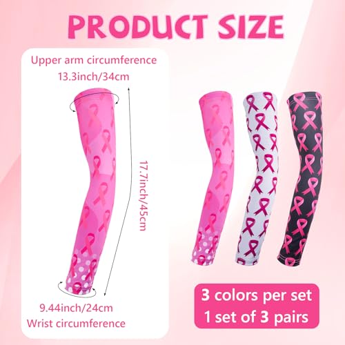 Yxmeiguo Breast Cancer Awareness Arm Sleeves Pink Ribbon Cooling Sun Protection Cover UV Protection Compression Arm Sleeve for Youth Adults Women Men Outdoor Sports Football Baseball, 3 Pairs2