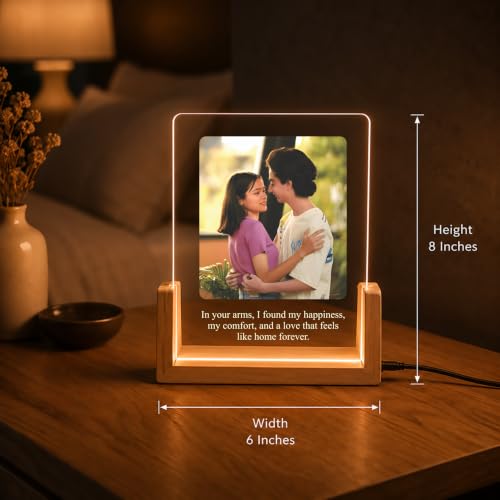 Image of Giftplease Personalized LED Acrylic Photo Frame with Custom Photo & Text | Engraved Acrylic Picture Lamp | Wooden LED Base | USB Night Light | Anniversary Wedding Birthday Couple Family Home Decor