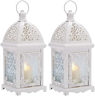 IMAGE Candle Lanterns 2PCS Hanging Candle Lantern Holder with Transparent Glass Vintage Metal Decorative Lantern, White