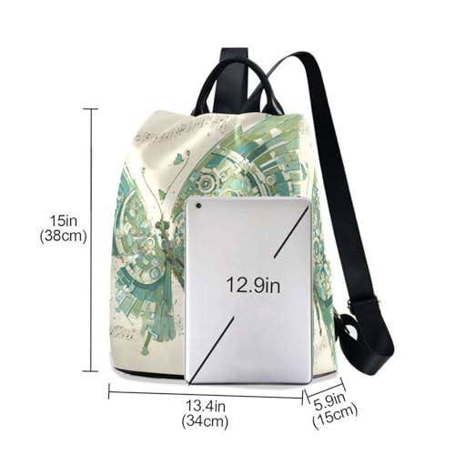 KLL Mechanical Style Butterfly Music Notes Mint Green Fashion backpacks for women Anti-theft large backpack for women for Travel, Work, Everyday with Pom-pom keychain3