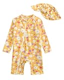 DivingBirds Baby Mädchen Badeanzug Langarm, Baby Badeanzug Einteiler mit schrägem Reißverschluss & Kapuze Gelb für 12-18 Monate