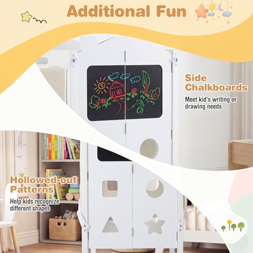 Image of Costzon Folding Toddler Step Stool with Chalkboards, 4-in-1 Standing Kitchen Tower w / 2-Step Stool, Safety Nets & Anti-Tip Feet, Wooden Toddler Tower Foldable for Boys & Girls Aged 2+ (White)