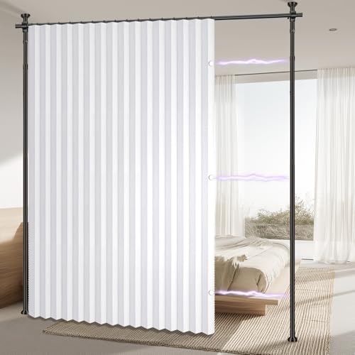 AJAZZ Privacy Curtains for Room Divider with Blackout & Soundproof (White, W100 x L84 in, 1 Panel)+ No Drill Curtain Rod(H) 43-120×(W) 35-100 in, Wall Divider for Bedroom/Studio/Office Curtain