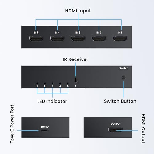 Image of [Upgrade] NEWCARE 4K@60Hz HDMI Switch 5 in 1 Out with Type-C Charging Cable, HDMI Switcher with IR Remote,5 Port HDMI Selector Box Support HDMI 2.0, Compatible with TV PS5 /4 Xbox Laptops PC Projector