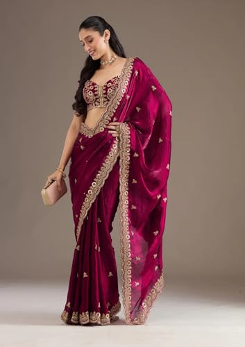 Image of Yashika Women's Organza Satin Butti Work With Zari Lace Border Embroidered Saree| Women Sari