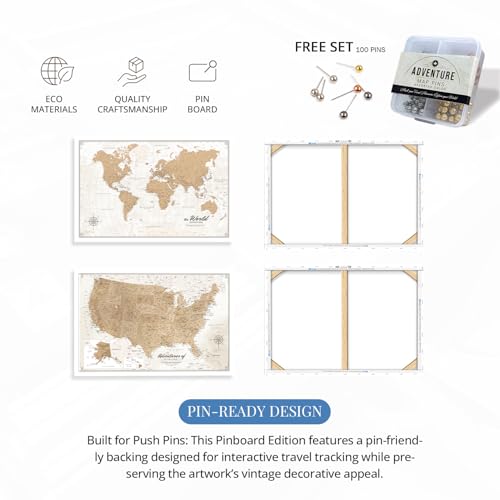 Image of IPIC - Vintage World Map & USA Map Canvas Wall Art Set of 2, Travel Wall Decor with Pins Included, Ready to Hang for Office or Living Room, 36x24 Inch