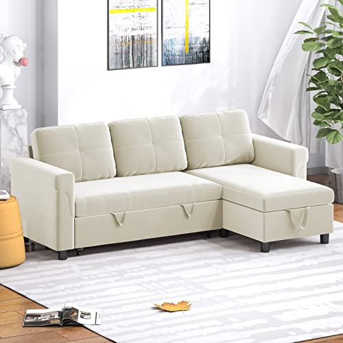 Balus L-Shape Reversible Dutch Velvet Sleeper Sectional Sofa With Storage Chaise, Pull Out Sofa Bed, Corner Couch With Arms For Living Room, Home Furniture, Apartment, Dorm (Beige) #TOP27