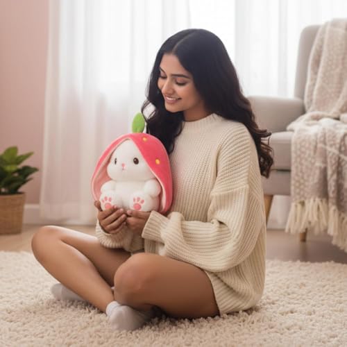 Image of Flufies Plush Toys - Snuggly and Aesthetic Stuff Plush Toys and Baby Toys - Soft Toys for Baby Girl and Baby Boy - Soft Toys for Girlfriend Gift (Strawberry Reversible Rabbit)