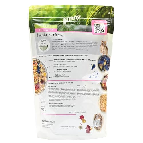 bunnyNature ZwerghamsterTraum Expert Flower - Alleinfuttermittel für Zwerghamster - Futter Mix mit Vitaminen, Blüten, Superfood & Mehlwürmern - 500g