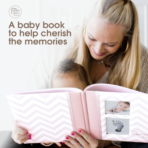 Image of Pearhead Baby Memory Book, First 5 Years Baby Milestone Book, Pregnancy Journal, Gender Neutral Newborn Keepsake, With Clean-Touch Ink Pad For Baby's Handprint or Footprint, Pink Chevron