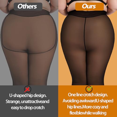 Image of 2 Pairs Plus Size Fleece Lined Tights Sheer Thermal Pantyhose leggings | Winter High Waist Warm Fake Translucent Thermal Sheer Thick Elastic Pantyhose for Womens