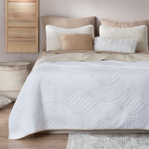 La Mejor Recopilación de Colchas y cubrecamas los mejores 10. 44 REAL TEXTIL Colcha Doble Vista con Fundas de Almohada, Edredón Ligero Capitonado Pinsonic, Edrecolcha para Verano, Sobrecama (Blanco - Beige, Individual)