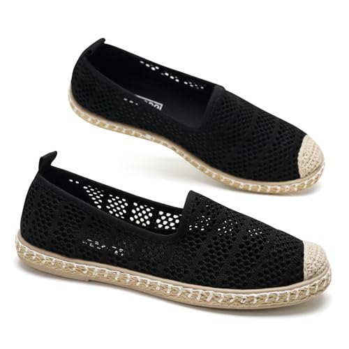 Imagen de GLAMORA Alpargatas Mujer Caladas Slip On Punto Transpirable Zapato Plano Ligero Flexible Suela Goma Efecto Esparto Crochet Puntera Cerrada Comodo Verano Sin Cordones bk-41