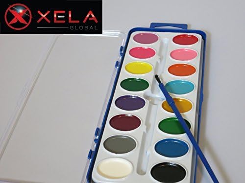 Washable Watercolor Paint Set 16 Oval Vibrant Color Pans with Brush in Plastic Case with Detachable Mixing Tray Lid