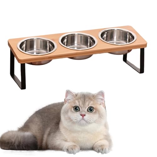 Ciotole rialzate per cibo per gatti con inclinazione di 15°, in acciaio inox, con supporto in legno, altezza regolabile, per gatti e cani di piccola taglia, anti-vomito, antiscivolo (3 ciotole)