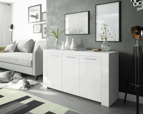 Dmora - Credenza Bellevue, Buffet da soggiorno, Mobile porta TV, Madia per salotto, Armadio moderno a 3 ante, 144x42h80 cm, Bianco