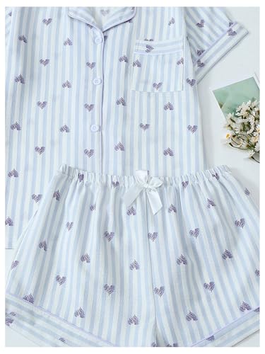 Image of BEAUDRM Women's Two Piece Pajama Sets Allover Print Short Sleeve Sleepwear Button Down Shirt and Bow Shorts Pj Set Loungewear