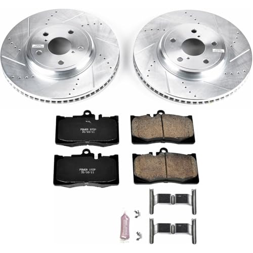 Image of PowerStop Front Brake Kit for Lexus LS430 2001-06 - Drilled and Slotted Disc Rotors with Carbon-Fiber Ceramic Brake Pads Replacement, K2327