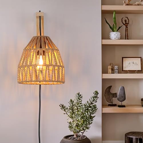 Image of SUNLLOK Modern Plug in Bamboo Wall Light Fixture - Basket Rattan Lampshade Chandelier Hanging Wall Mounted Lamp with Switch, Indoor Wood Wicker Wall Sconces for Kitchen Island Living Room Restaurant