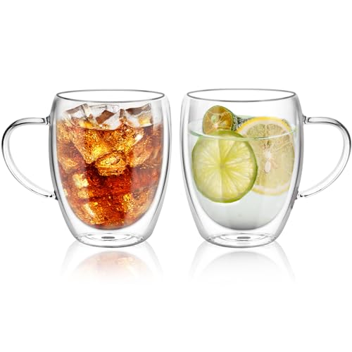 QuiExact ダブルウォールグラス 350ml 2個セット 保冷 保温 耐熱 二重 グラス ダブルウォール コップ 結露しないグラス 二重グラス アイスコーヒー グラス マグカップ ガラス 二重構造 二重ガラスコップ 2重 グラスコップ ティーカップ タンブラーグラス 透明 おしゃれ シンプル (350ml, ハンドル付き)のサムネイル
