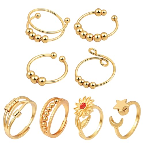 Ptwola 8 Pcs Fidget Rings for Women Men Open Flower Moon Star Ring Gold Rings Adjustable Gold Ring with Beads for Women Men Set Thumb Jewelry Birthday Christmas