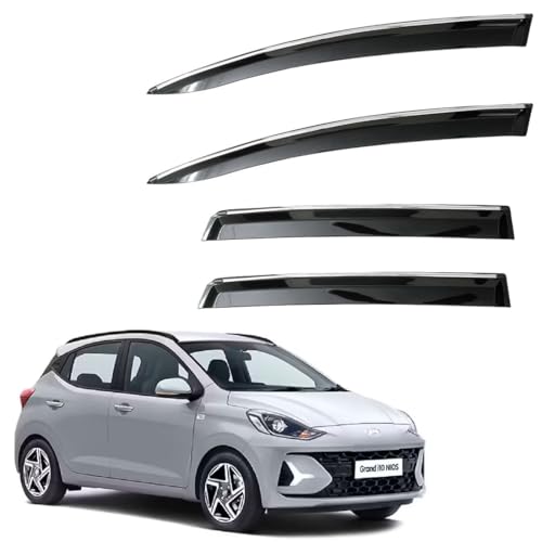 Image of CAR SAAZ Unbreakable Chrome Smoke Door Visor for Grand I10 NIOS (2023-Present) | Premium Sun, Rain Wind Deflector Chrome Strip Side Door Rain Visor - Set of 4 Pcs